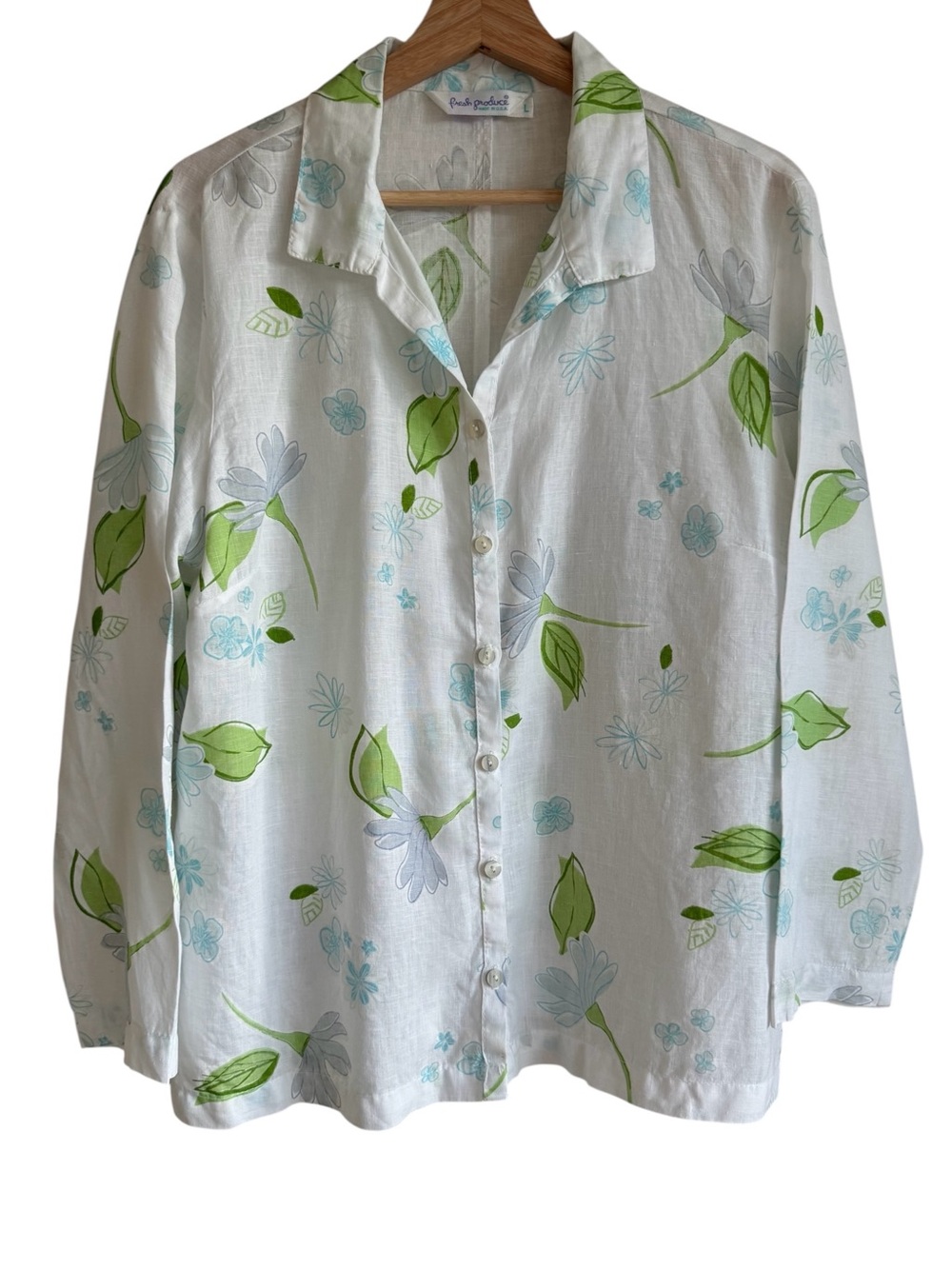 Fresh Produce 100% Linen Floral Button Front Shirt Top White Green Blue Size L